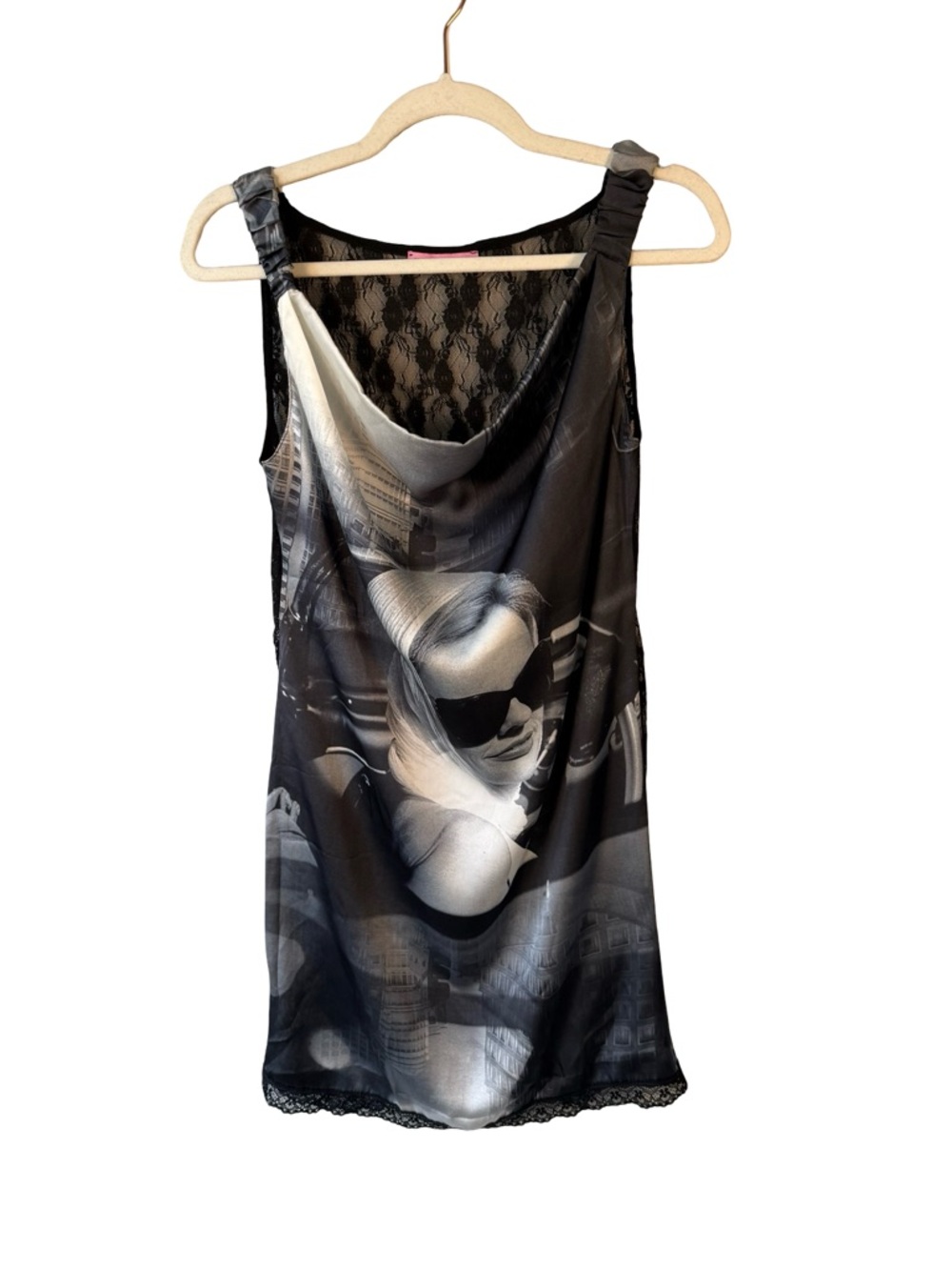 paper doll Black Lace Overlay Tank Size S Italian Y2K Festival Edgy Streetwear